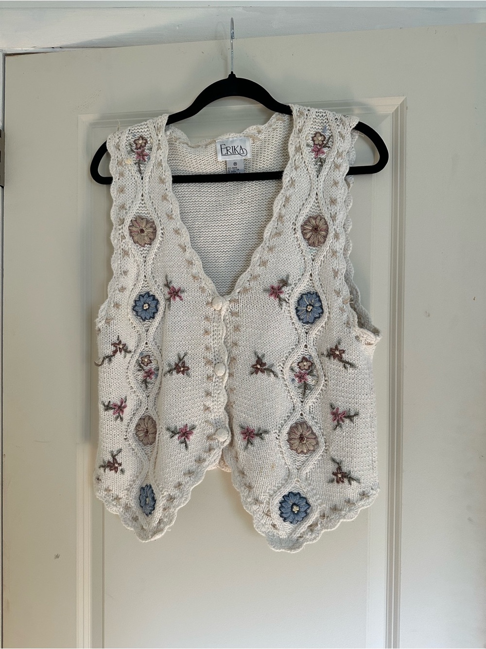 Erika Cream Crochet Knit Vest with Blue and Pink Floral Embroidery